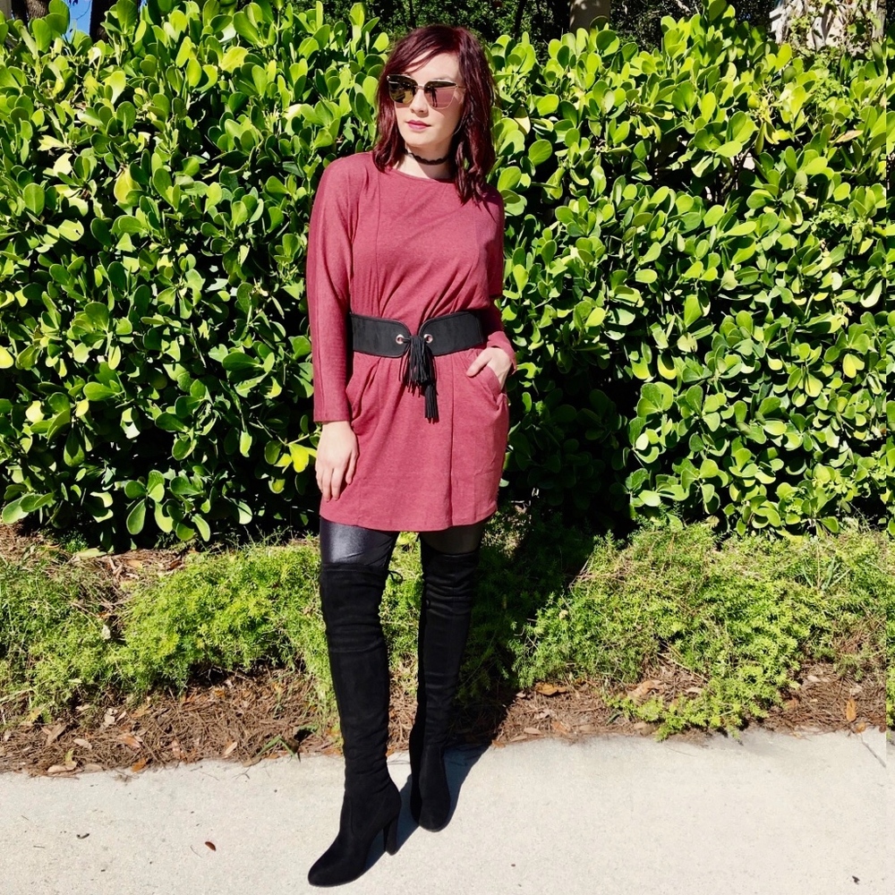 Burgundy Pocket Sweater Dress - Picture 1 of 2